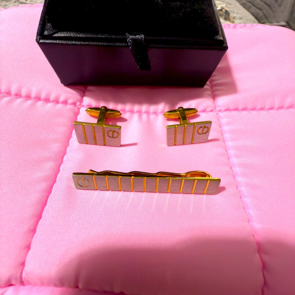 Gold and Silver Cufflinks and Tie Clip Set